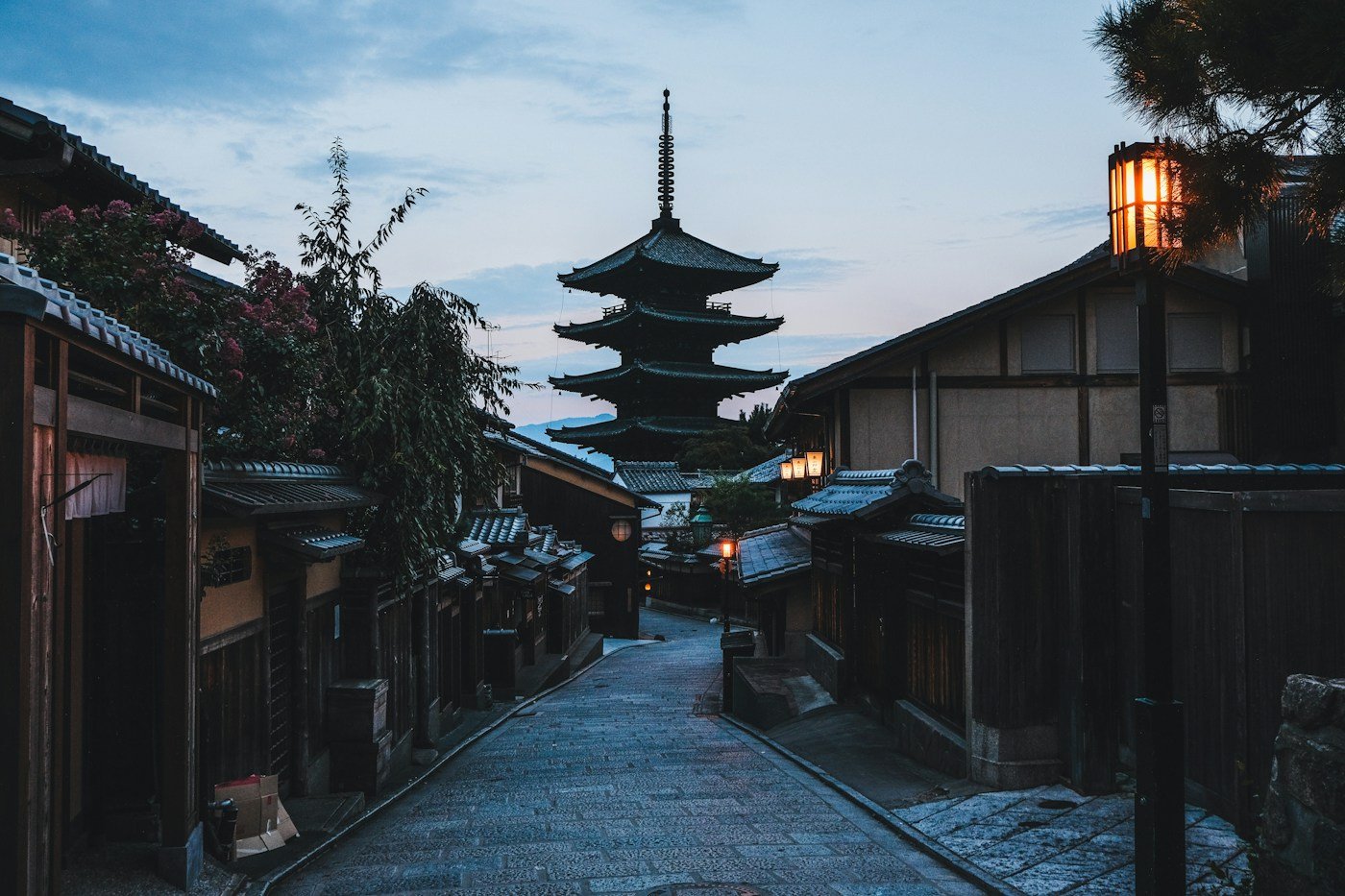A traditional street and pagoda in Kyoto, Japan